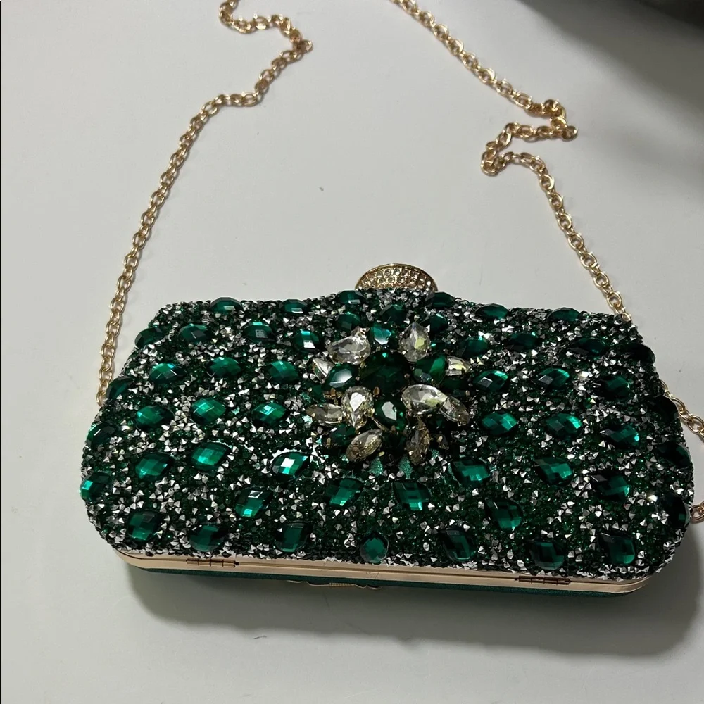 Emerald Crystal Evening Clutch with Gold Chain - Picture 13 of 16